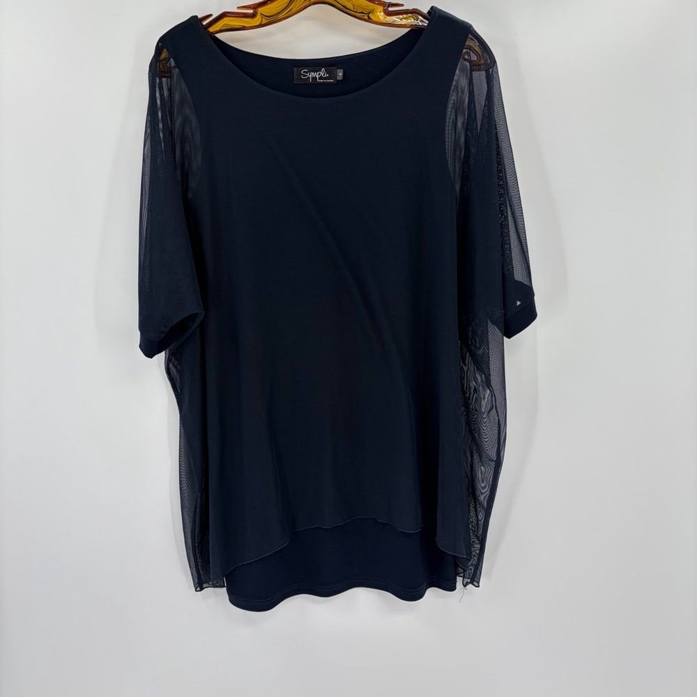 Sympli Mesh Boxy Scoop Neck Tunic Navy Mesh Split Short Sleeve Blouse Sz 6 Med